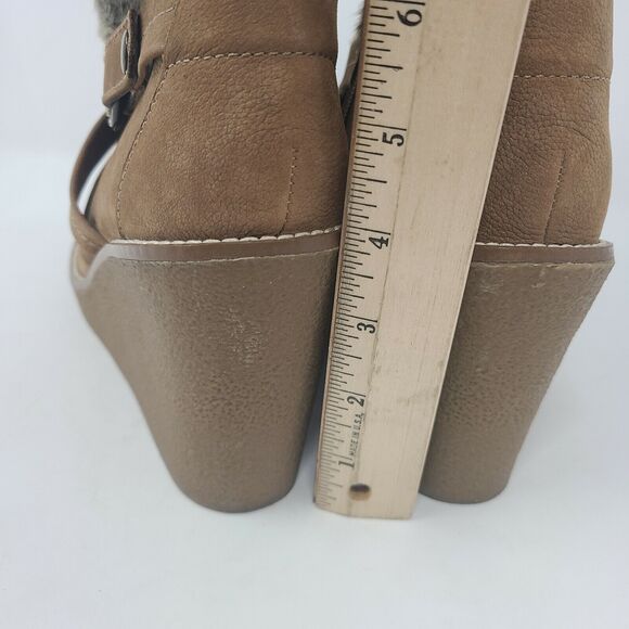 Fergie Tan Brown Suede And Fur Wedge Ankle Boots 7M Booties Side Zip Eskimo - Picture 5 of 7